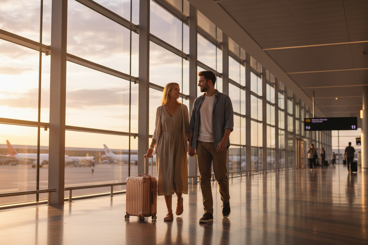 um take de um aeroporto, fim de tarde, um casal caminha descontraido, puxando uma male de viagem golden rose